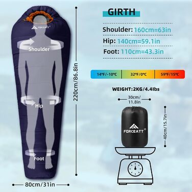 Сплячий мішок Forceatt -10°C~15°C, 4-сезонний, для дорослих, водонепроникний, ультралегкий, для кемпінгу, подорожей, туризму та відпочинку. Колір: синій/темно-синій