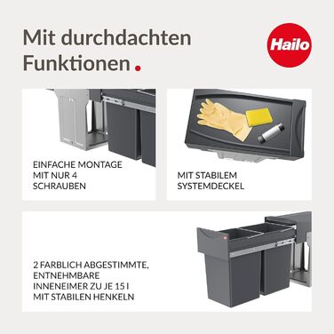 Вбудований контейнер для сміття Hailo Tandem 3666101 – система сортування сміття, 2х15л, повний висув, телескопічні направляючі, для кухонних шаф від 30 см, темно-сірий