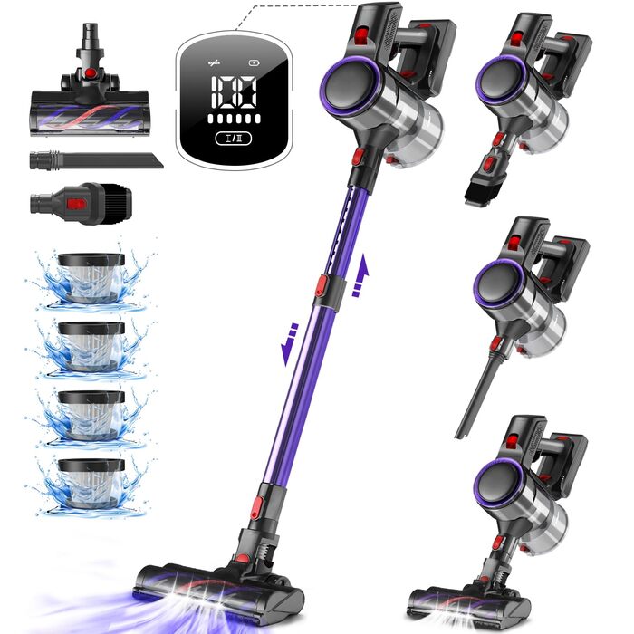 Бездротовий акумуляторний пилосос, 45000Pa, сенсорний екран, 50 хвилин роботи, 1.6L, HEPA фільтр H13, антизаплутувана щітка, для твердих поверхонь/килимів/шерсті тварин, фіолетовий