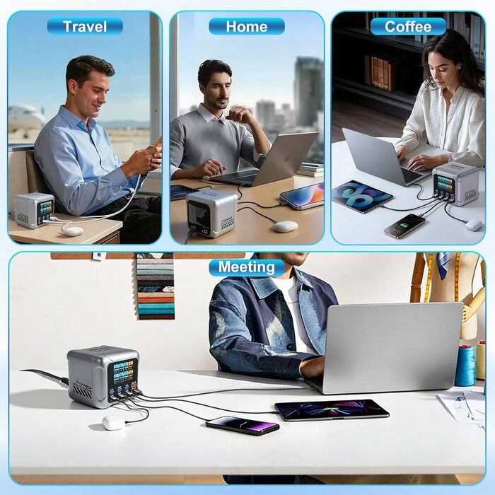 Зарядний пристрій GaN 8-в-1, 420W USB-C, LCD-дисплей, PD140W/QC60W, для iPhone 17/16/15, iPad, Android, планшетів (Срібний)