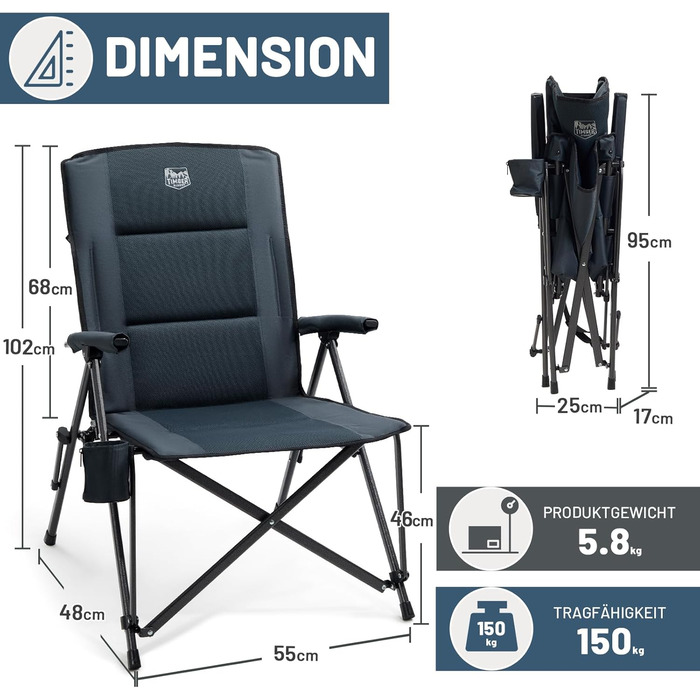 Крісло для кемпінгу Timber Ridge складне з широким сидінням 55 см, XXL, 150 кг, з кишенею, для кемпінгу, саду, балкону