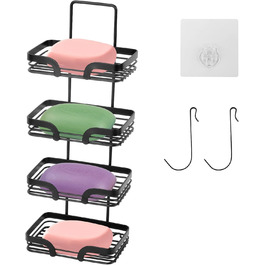 Tefola Soap Holder, 4-Tier Wall Mounted Soap Sponge Holder, Soap Dish for Shower with Two Single Hooks, Adhesive, Drill-Free Soap Holder, Stainless Steel Soap Holder (Black)