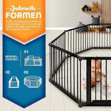 Дитячий вольєр KIDUKU® XXL, 7,2 м, розкладний, з дверцятами | Безпечний вольєр для дитини з подвійним замком | Захисний бар'єр для малюків з 8 елементами, білий/натуральний (чорний)