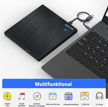 Зовнішній CD/DVD привід для ноутбука USB-C та USB: портативний DVD-плеєр та записувач для Mac, MacBook, Windows