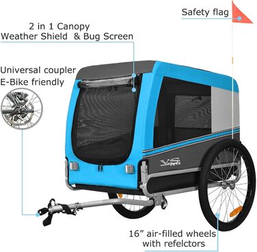 Тігго VS Pets L: великий велосипедний причіп для собак, 270л, для собак середнього та великого розміру до 35 кг, складаний, блакитний