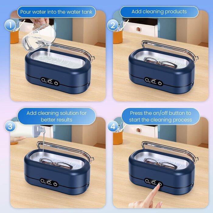 Ультразвукова очищувачка для окулярів, 48000 Гц, 350 мл, професійна. Підходить для окулярів, ювелірних виробів, годинників, зубних протезів. Колір: блакитний