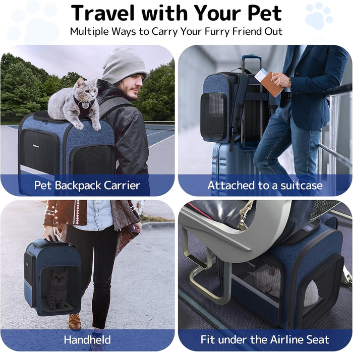 Рюкзак для кота Pawtners з розширеним тунелем для ігор, схвалений авіакомпаніями, для собак та котів до 11,3 кг, складаний, блакитний (40 x 32 x 38 см)