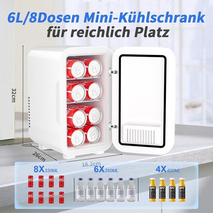 YASHE Mini Fridge - 6 Liter / 8 Can Portable Cooler - Thermoelectric Mini Refrigerator for Bedroom, Skincare, Drinks, Office, Dorm & Car - White