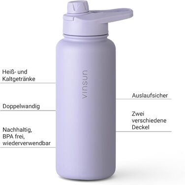 Stainless steel water bottle, purple, 1L - Straw, drinking spout - leak-proof, carbonated beverage compatible, BPA-free - Thermos bottle, sports, outdoor, school, university, bicycle, hiking, gym