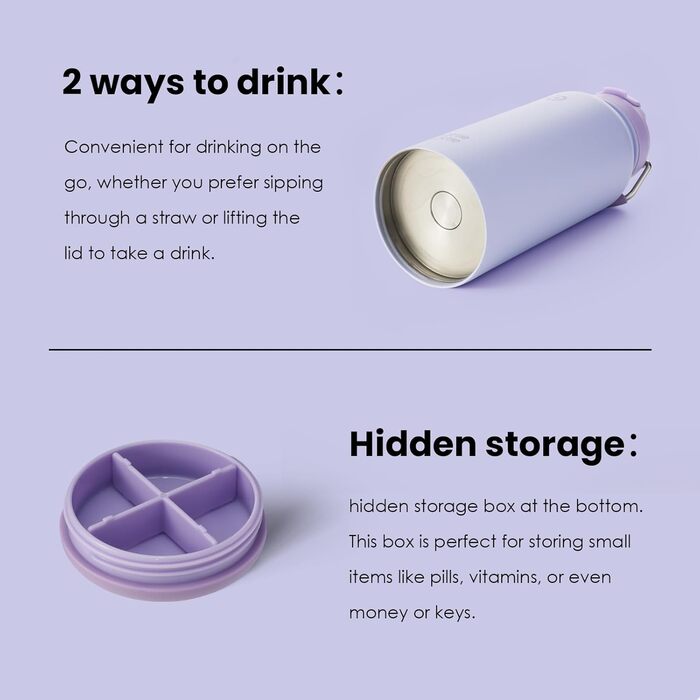 BOTTLE BOTTLE Stainless Steel Water Bottle 1L with Straw – Leak-Proof Insulated Bottle for Sports & Gym, with Pill Compartment, BPA-Free, Double-Walled (Light Purple)