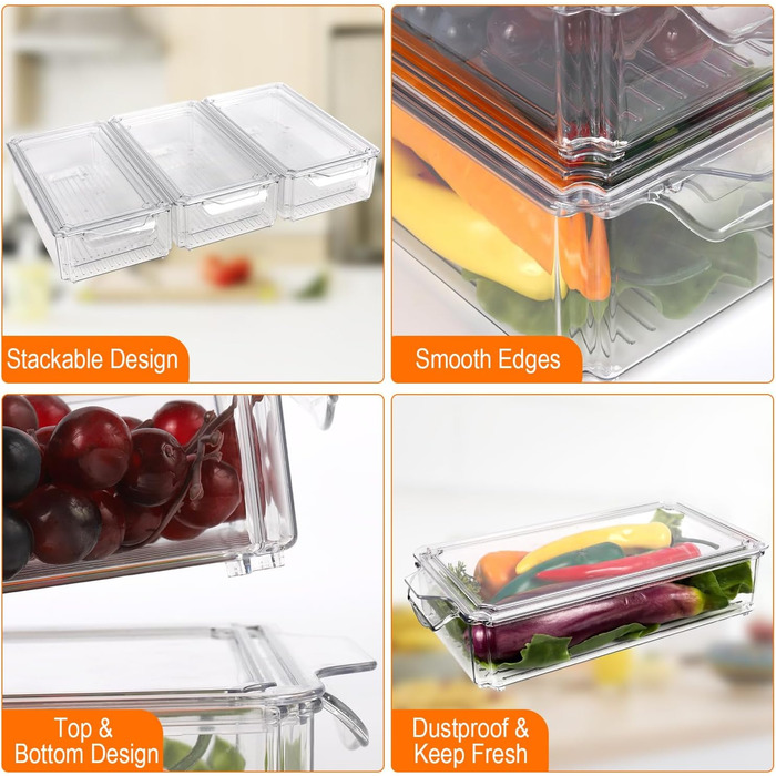 Refrigerator Organizer Set, 6-Piece Organizer Boxes for Refrigerator with Lids, Transparent Refrigerator Boxes Stackable, Storage Boxes for Refrigerator for Kitchen Cabinets