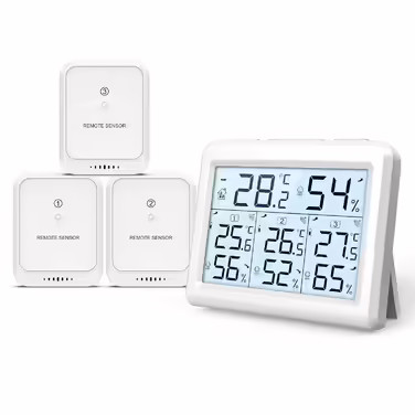 Brifit Hygrometer Thermometer, Indoor/Outdoor Humidity Meter with 3 Sensors, Digital Indoor/Outdoor Thermometer with Backlight, ℃/℉ Switch, MIN/MAX Display, for Office, Room - White