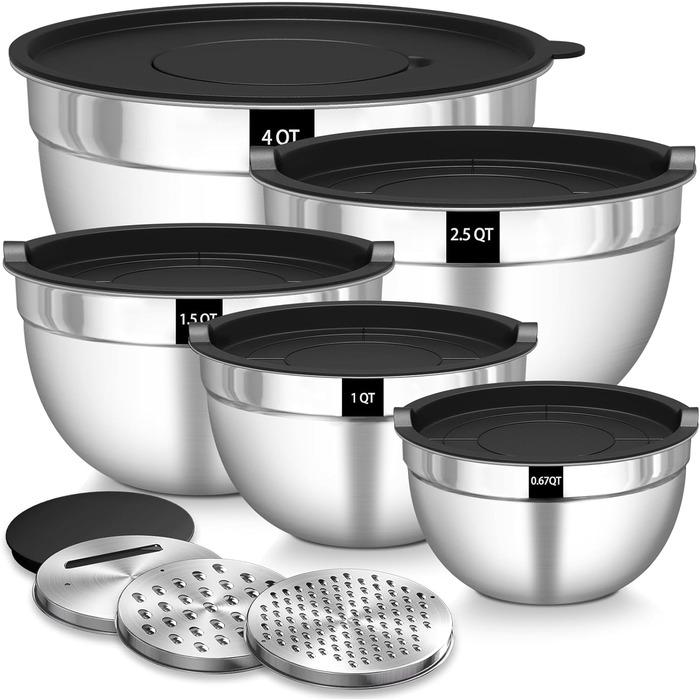 Terlulu Mixing Bowl Set of 5, Stainless Steel Bowl Salad Bowl Set with Airtight Lid, 3 Grater Attachments, 4.5L, 2.7L, 1.6L, 1.1L, 0.7L, Nesting & Dishwasher Safe