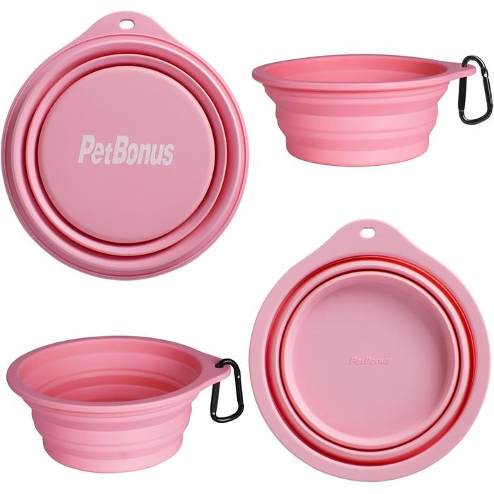 Складані годівниці для собак PetBonus (2 шт.) з силікону, 1000 мл, для води та корму, з карабіном, фіолетовий, рожевий