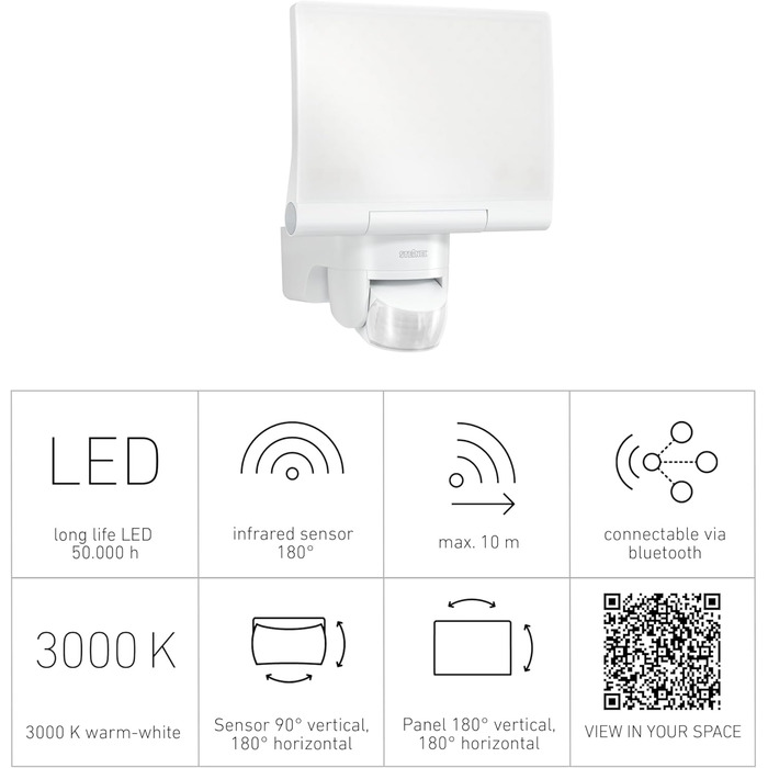 Світлодіодний прожектор Steinel XLED Home 2 S: поворотний, 13.7W, 180°, дальність 10м, 1550 лм, білий, з датчиком руху та Bluetooth