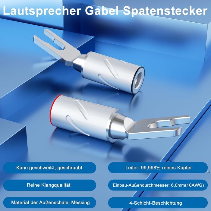 Комплект позолочених роз'ємів-лопаток для акустичних кабелів Monosaudio SY1508G (8 шт), чиста мідь, під кабель 8-20AWG до 4мм, S900R (Родієве покриття)