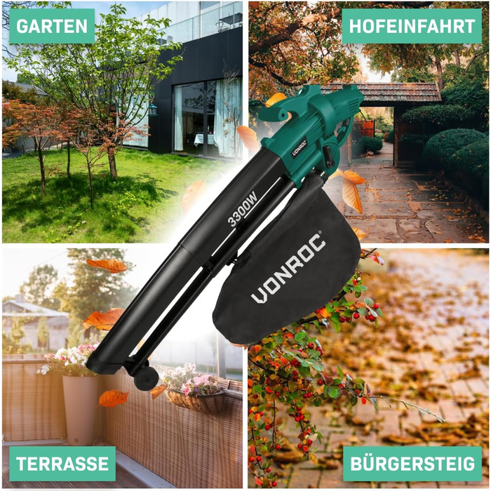 VONROC Electric Leaf Blower 3300W - 3-in-1 Leaf Collector Function - Blow 270km/h, Vacuum, Shred - Includes 40L Collection Bag