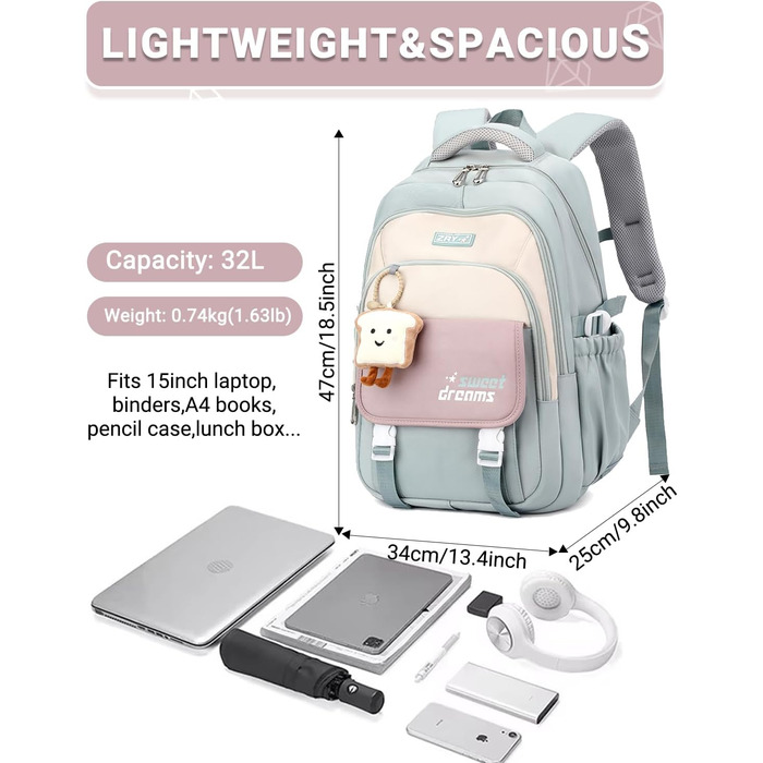 Дитячий рюкзак для дівчаток 2-10 класів, 32L | Легкий, з дихаючою спинкою та м'якими лямками | Рюкзак для підлітка 8+ років (Небесно-блакитний)