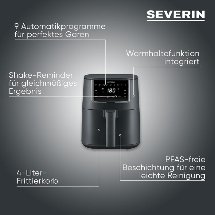 Фритюрниця Severin FryLight FR 2461: безжирова кулінарія, 1300W, 4L, чорний колір, 8 програм, Touch-Display, Warmhaltefunktion