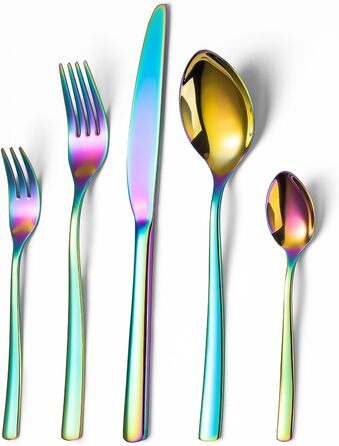 Opolia Cutlery Set for 6 People, Rainbow Cutlery, 30-Piece Stainless Steel Cutlery Set, High-Gloss Polished, Forks and Spoons, Dishwasher Safe, Rustproof and Colorful