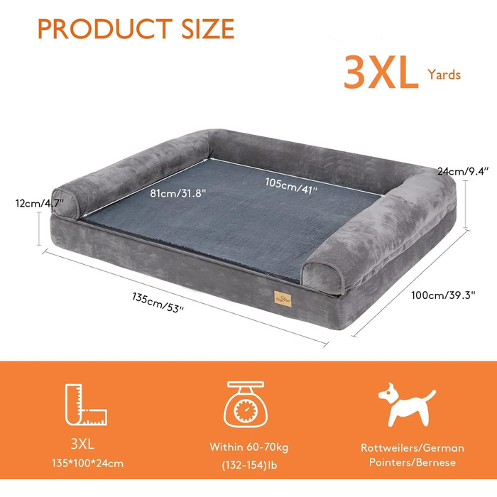 Orthopedic Dog Bed XL 100x75 cm: Dog Sofa for Large/Medium Dogs, Ergonomic Dog Beds with Raised Edge, 2 in 1 Removable Washable Non-Slip Dog Mattress (XXXL: 135x100x24 cm)