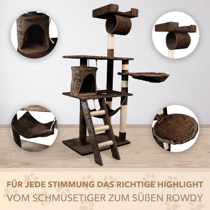 Кігтеточка для котів Foxdevil від xonic® - стабільна, багатофункціональна, з платформою, гамаком, будиночком, іграшкою, 141 см (Коричнева V1)