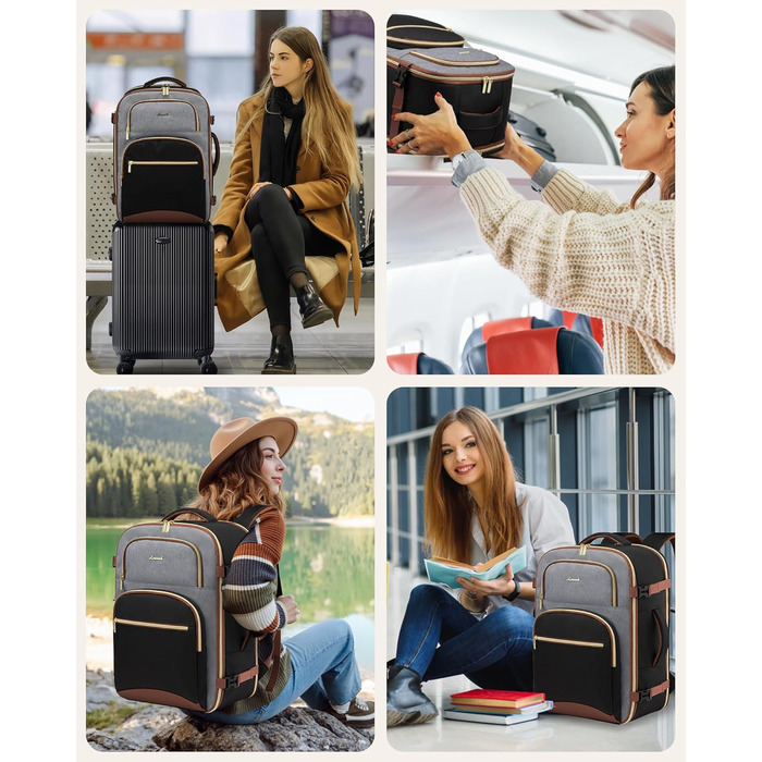 LOVEVOOK Рюкзак ручної поклажі для подорожей, 40L, чорно-сіро-коричневий. Рюкзак для жінок та чоловіків, 17.3 дюйми, водонепроникний, для авіаперельотів, кемпінгу та бізнесу