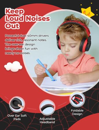 iClever Бездротові навушники для дітей з LED-підсвіткою, Over-Ear, Bluetooth 5.2, мікрофон, BTH12 (Чорний/Червоний)