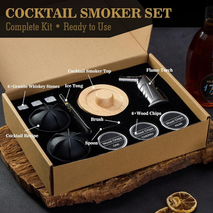 Набір для димування коктейлів та віскі – 6 видів деревини, ліхтарик, генератор диму (без бутану) – покращений нагрівач, 2 форми для льоду, 6 гранітних каменів