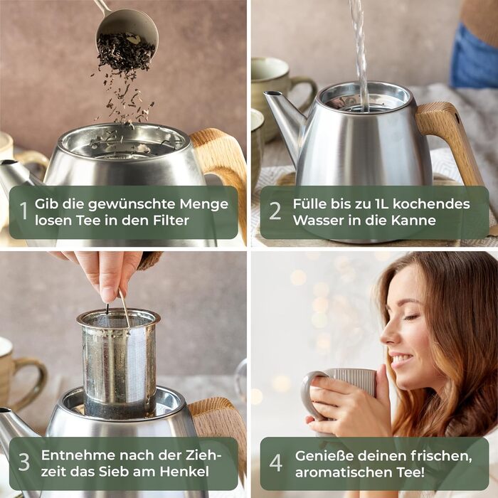 WALDWERK Teapot with Infuser - Teapot Thermal Double-Walled - Teapot with Strainer made of 304 Stainless Steel - Tea Maker with Genuine Oak Wood Handles - Tea Pot 100% Drip-Free