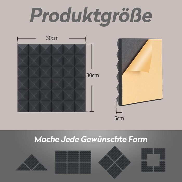 Акустичний пірамідний поролон самоклеящийся для звукоізоляції, 24 шт, чорний, 30x30x5 см — панелі для студії, офісу та дому