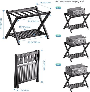SMIBUY Luggage Rack, Foldable Bamboo Suitcase Stand with Storage Shelves for Guest Room, Bedroom, Hotel, Heavy Duty (Black)