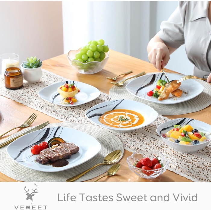 VEWEET Набір посуду з порцеляни для 4 осіб (24 елементи), серія FIONA: чорно-сірий декор, 12 елементів (тарілки та миски), підходить для щоденного використання, миється в посудомийній машині та розігрівається в мікрохвильовці