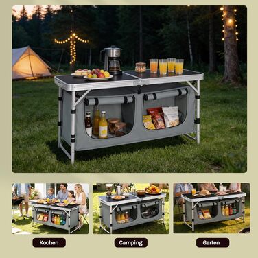 Складний алюмінієвий кемпінговий стіл-шафа WOLTU з регульованою висотою, чорно-сірий. Меблі для пікніка, пляжу, саду.