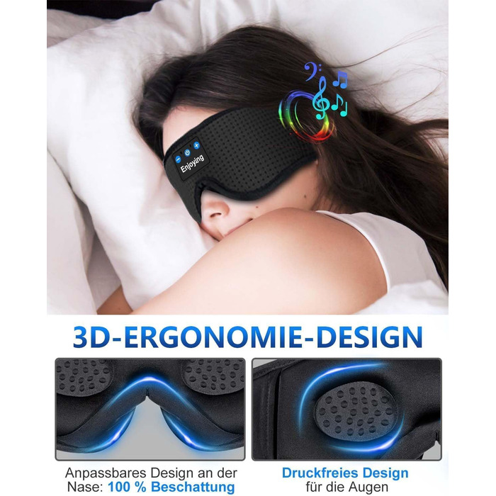 Маска для сну з Bluetooth навушниками 3D, чорна. Блокує світло, з мікрофоном, для сну та подорожей, унісекс.