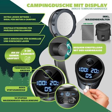 Сонячний душ KESSER® з насосом та акумулятором 8000mAh, 20л, комплект | Душ для кемпінгу з регульованим душем, шлангом 2м, пістолетом-розпилювачем та кріпленням