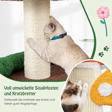 Дерев'яний кігтечка для котів COSTWAY з печеринами та платформою, з сизалевим покриттям, 59x48x102 см, кольоровий