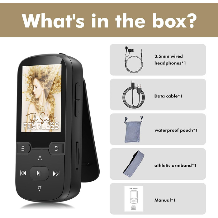 MP3 плеєр Bluetooth 5.3 з кліпсою, HiFi спортивний плеєр для дітей з FM-радіо, диктофоном та крокоміром, 64GB, чорний