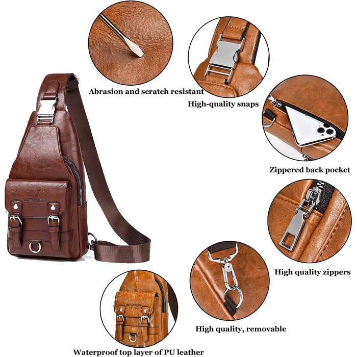 Чоловіча/Жіноча нагрудна сумка через плече з PU-шкіри, водонепроникна, коричнева
