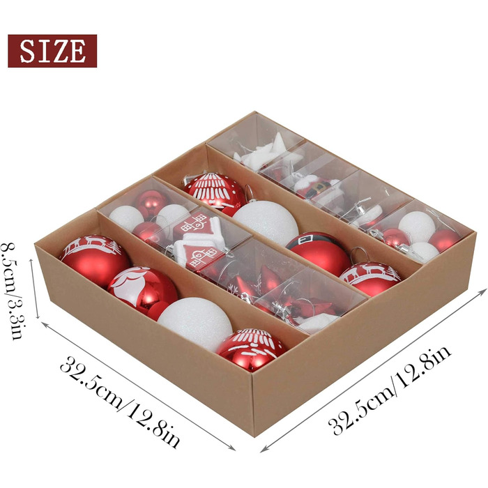 Набір ялинкових прикрас Valery Madelyn 50 шт. - кульки з пластику, червоно-білі, для ялинки, святкова декорaція