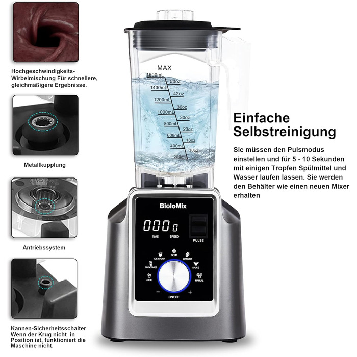 BioloMix Stand Mixer 2200W SmoothieMixer, Self-Cleaning Function, Built-in Timer, High-Performance Mixer with 2L BPA-Free Container (T5800)