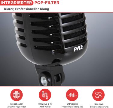 Мікрофон Pyle Динамічний Ретро-стиль, для вокалу та запису, з XLR-кабелем 4.88м, сумісний зі стандартним кріпленням, чорний