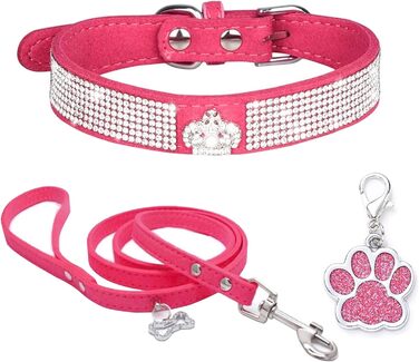 Нашийник для собак Roa з м'якої шкіри та поводок-стрічка: блискучий набір з діамантами для маленьких та середніх собак та котів (XS, Рожевий)