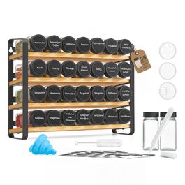 Поличка для спецій SONGMICS BYSTRO KCS064B101: органайзер на 4 яруси з 28 скляними банками, воронкою та етикетками, чорний бамбук