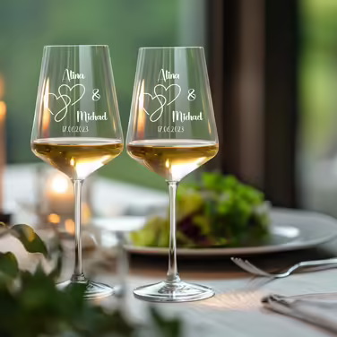 Engraved Max Leonardo Wine Glasses Set of 2 with Wooden Box and Engraving for Him & Her. Only Love Matters. Personalized with Name & Date. Heart-Shaped Glass Leonardo Puccini 560ml