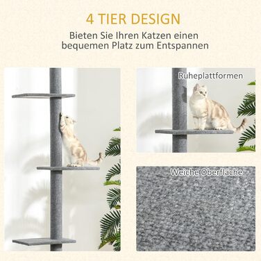 PawHut Cat Tree, Ceiling-High, 228-260 cm Adjustable Height Cat Tree, Climbing Tree for Cats with 3 Levels, Cat Scratching Post, Floor-to-Ceiling Play Tree Grey