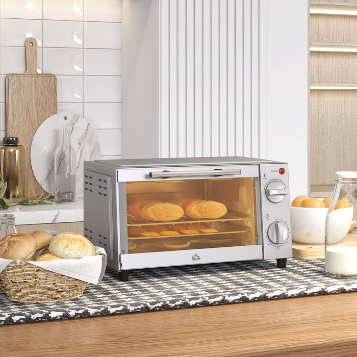 HOMCOM 9L Mini Oven with Baking Tray, Grill Rack, 100°C-230°C, with Adjustable Temperature and Cooking Time, 60 Min. Timer, 750W, Stainless Steel, Silver | Aosom