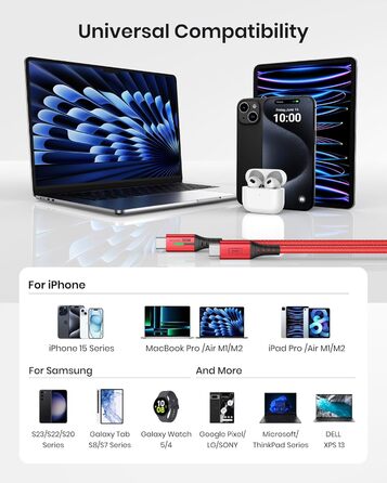 Кабель USB-C 100W з підтримкою PD3.0, 2м, червоний. Кабель USB-C для iPhone, Samsung, Pixel, iPad, MacBook. Нейлонова обплітання.