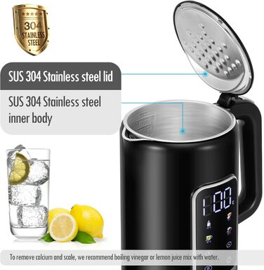 Електричний чайник ForMe з нержавіючої сталі, 1,7 л, регулювання температури 40-100°C, LED дисплей, функція підтримання тепла, без BPA (чорний)