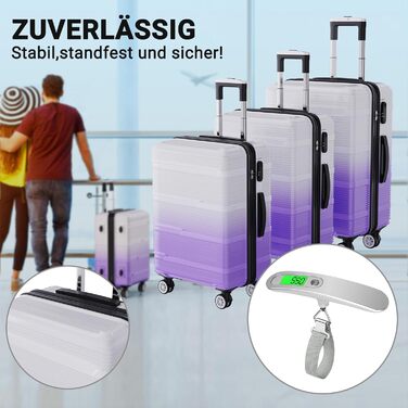 Набір валіз 3 шт., валіза з жорстким корпусом, ручна валіза, набір валіз з полікарбонату, легка та міцна, з обертовими колесами на 360° та замком TSA (перехідний колір фіолетовий)